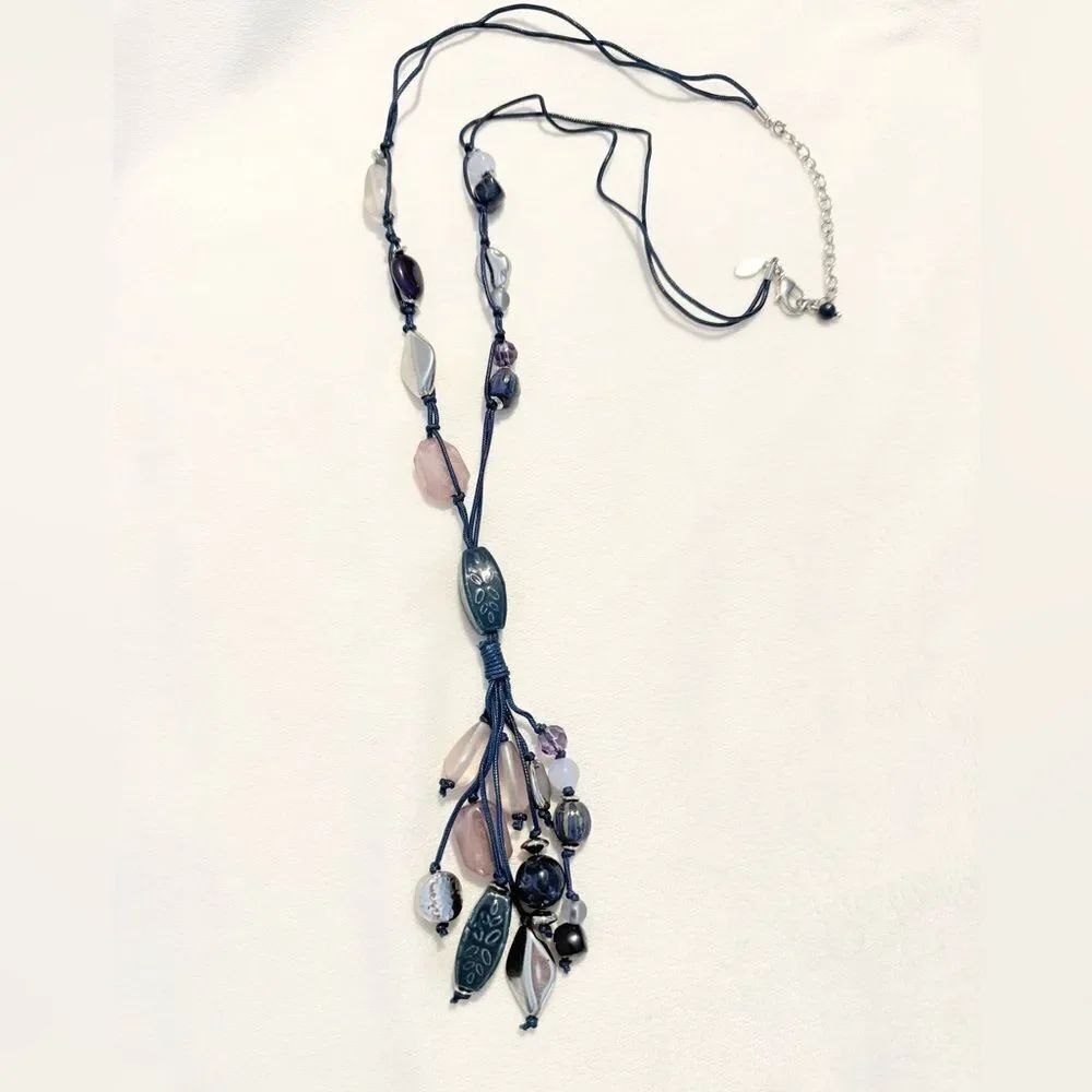 Chico's Blue Pink Silver Beaded Long Dangle Boho Coastal Corded Necklace